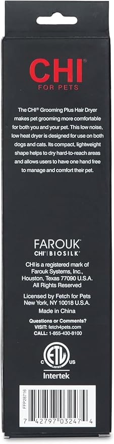 CHI for Pets Grooming Plus Handheld Pet Hair Dryer - Low Heat and Quiet Motor - Compact Blow Dryer for Dogs and Cats - One-Handed Design for Easy Drying and Comfort
