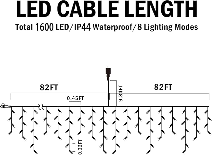 Hezbjiti Christmas Lights Decorations Outdoor, 1600LED 164FT Ice Fairy Lights 8 Modes 320 Drops Fairy String Lights for Christmas Decor Eaves Party Yard Garden