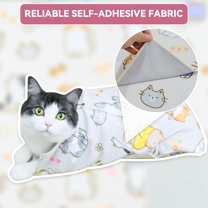 Cat Grooming Wrap for Cutting Nails, 27.6" Anti-Escape Calming Cat Swaddle Wrap for Medicine, Nail Clipping, Teeth Brushing, Ear Cleaning, Self-Adherent Burrito Restraint, (CatLand, L)