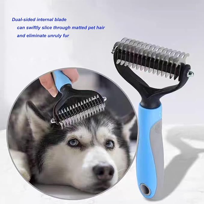 Double Sided Pet Dematting Comb - Effortless Detangling and Deshedding Tool for Dogs Cats, Tangle-Free Grooming with Blue Handle