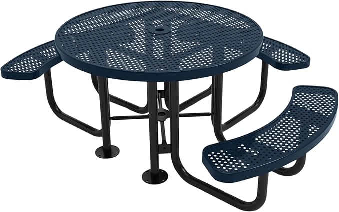 Heavy-Duty Portable Outdoor Picnic Table with Umbrella Hole, Punched Steel Patio Dining Furniture Made in America (46" Round Top, Dark Blue)