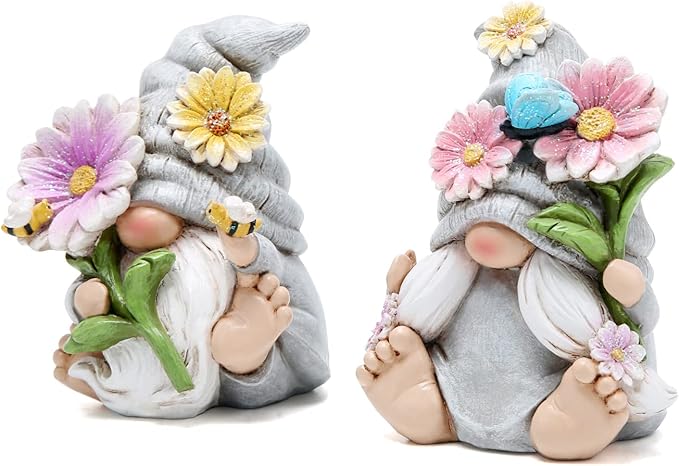 Hodao Set of 2 Spring Gnome Decorations Flower Gnomes Ornaments Decor Summer Gnomes Figurines Spring Gnomes for Outdoor Garden Decor Spring Birthday Gifts for Women, Mom, Grandma (Grey)