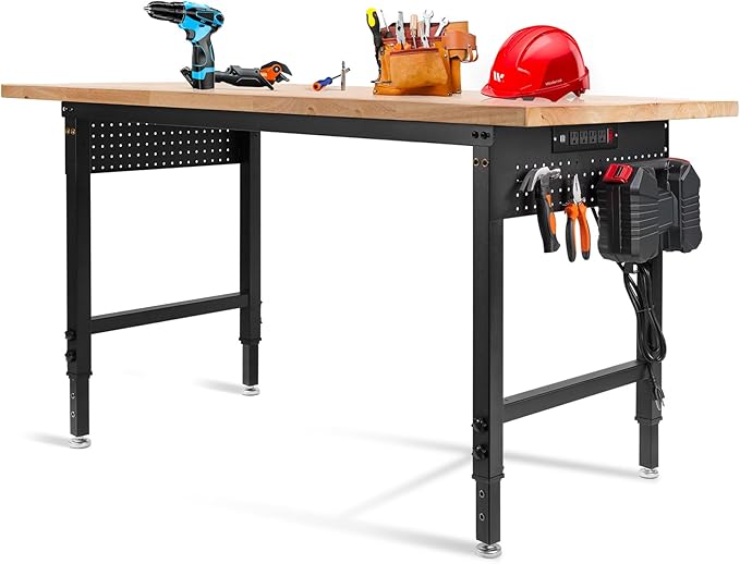 Height Adjustable Workbench 60”×22” Heavy Duty Work Table 2000 LBS Load Capacity Rubber Wood Work Station with Power Outlet & Pegboard for Garage, Office, Workshop, Home, Party Shop