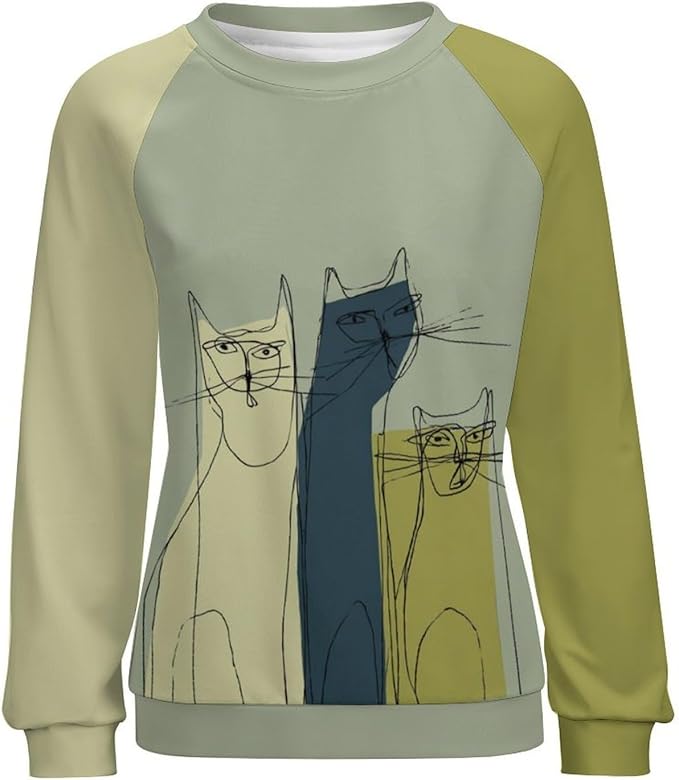 Abstract Cute Cat Shirts for Women Long Sleeve Lady Crewneck Pullover Sweatshirt Fall Winter Oversized Tops