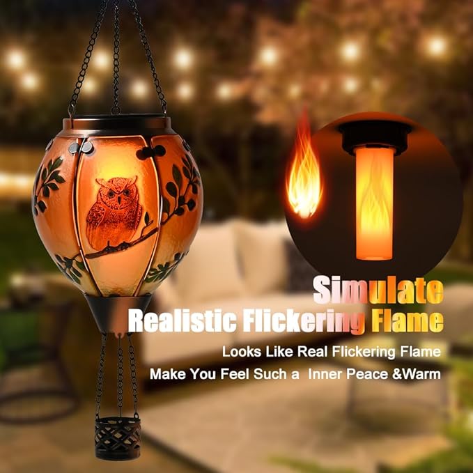 Hot Air Balloon Solar Lantern - Owl Bird Stained Glass Lantern with Simulated Flickering Flame, Outdoor Hanging Yard Light Waterproof IP65 & Weather Resistant for Patio Lawn Porch Decor Gfit
