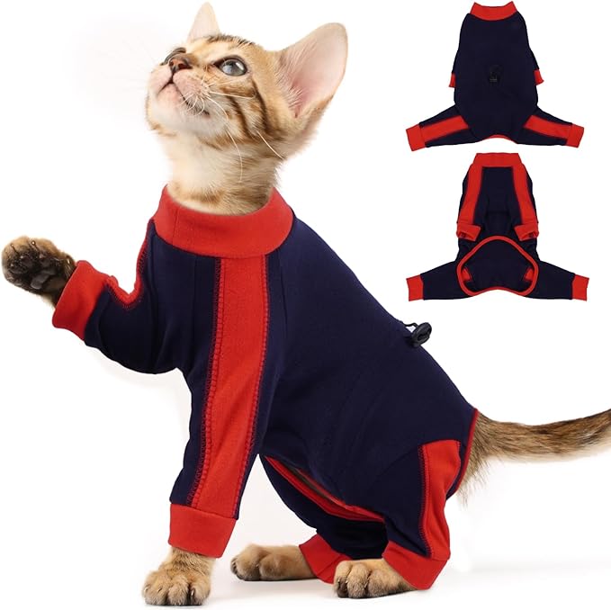 Cat Pajamas for Cats Only, Sticky Hair Cat Clothes, Long Sleeve Sphynx Clothes, Anti-Licking or Skin Disease Recovery Suit for Female Cats, Kitten Onesie Pajamas, DarkBlue, L