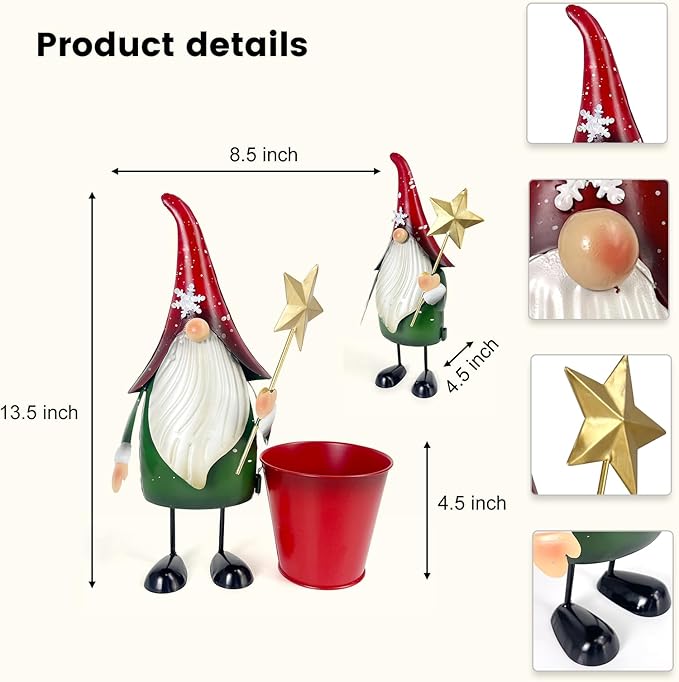 HONGLAND Outdoor Decorations Metal Gnome Yard Art Garden Gnomes Statue 13 Inch Santa Figurine, Succulent Flower Pot, Fun Metal Planter