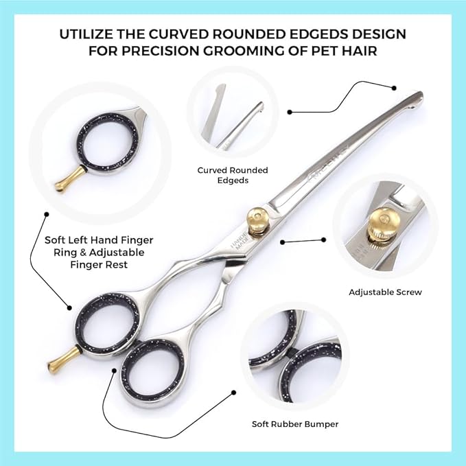 Left-Handed Pet dog Grooming Scissors Set Pro-Grade Curved Shears for Dogs Cats - Precision Crafted Sharp Blades Comfort Grip - Ideal for Cutting Curving Thinning (LH Round Tip Kit)