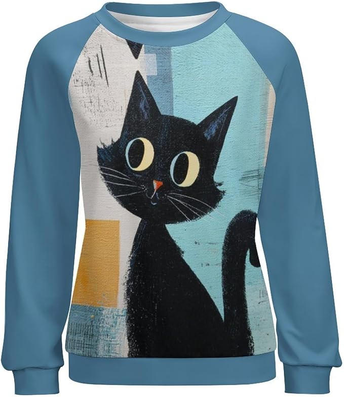 Abstract Cute Cat Shirts for Women Long Sleeve Lady Crewneck Pullover Sweatshirt Fall Winter Oversized Tops