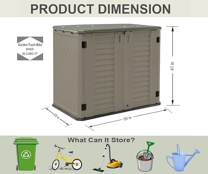 HOMSPARK Storage Shed Weather Resistance, Multi-Purpose Outdoor Storage Cabinet for Backyards and Patios, Horizontal Storage Shed for Lawnmower, Patio Accessories (Coffee, Large - 26 cu.ft)