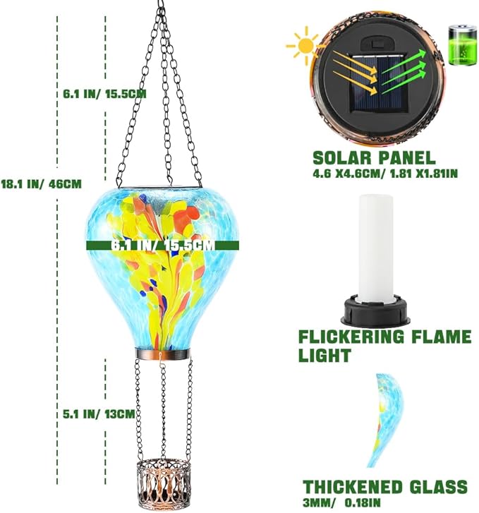 Hot Air Balloon Solar Lantern - Stained Glass Lantern with Simulated Flickering Flame, Outdoor Hanging Yard Light Waterproof IP65 & Weather Resistant for Garden Patio Lawn Porch Decor Gfit