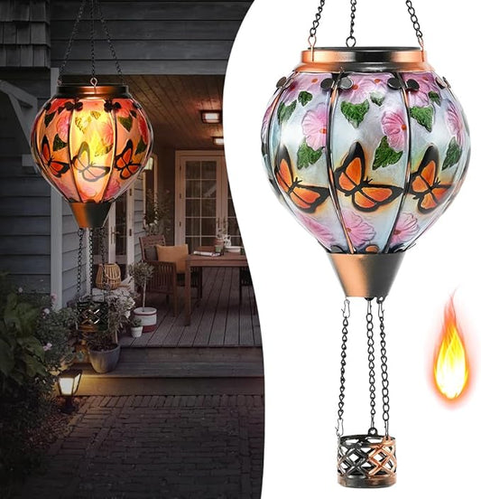 Hot Air Balloon Solar Lantern - Butterfly Stained Glass Lantern with Simulated Flickering Flame, Outdoor Hanging Yard Light Waterproof IP65 & Weather Resistant for Garden Patio Lawn Porch Decor Gfit