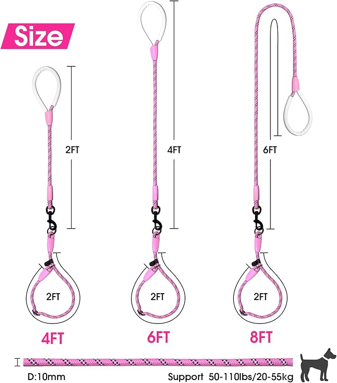 Detachable 2/5" Slip Lead, 4FT 6FT 8FT with Comfortable Silicone Handle Strong Rope Leash for Large Medium Small Dogs No Pull Highly Reflective Pet Training Leash (Pink-Black, 8FT)