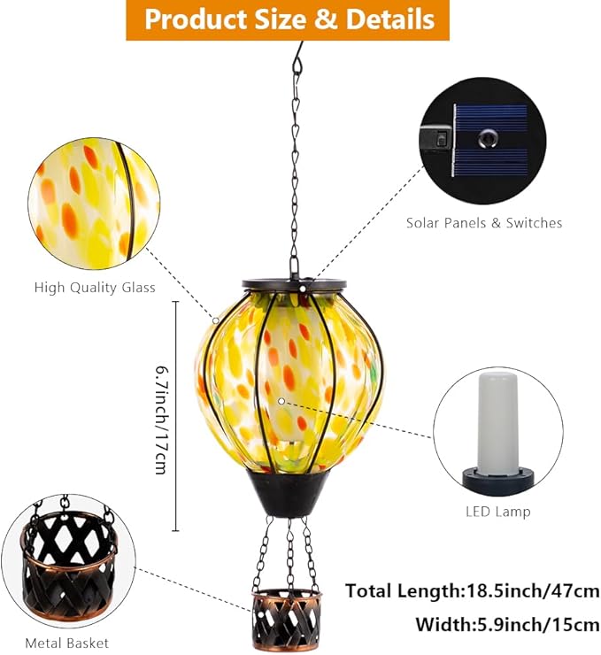 Hot Air Balloon Solar Lanterns with Flickering Flame Light,Glass Hanging Solar Lanterns Outdoor Waterproof Hot Air Balloon Light for Patio Yard Garden Decor Mother Day Gifts for Women(Yellow)