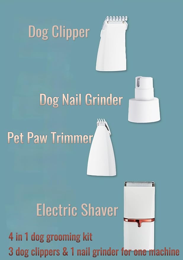 4 in1 Pet Dog Grooming Clippers Cat Nail Clipper&Paw Trimmer Dog Hair Trimmer-Low Noise Rechargeable - Cordless Quiet Pet Grooming Supplies for Dogs Hair Nail Clippers Around Eyes and Ears(White)