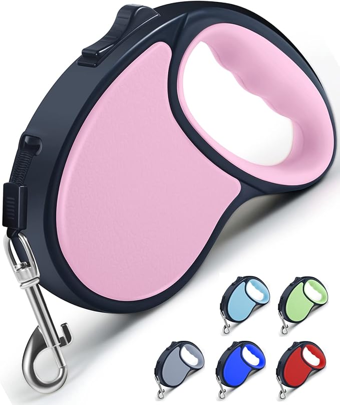 Retractable Dog Leash,[Strong Nylon Tape][One-Handed One Button Lock] for Small Medium Dogs and Cats,16ft Pet Walking Leash with 360°Tangle-Free Design,Anti-Slip Handle,Gift Package (Pink)
