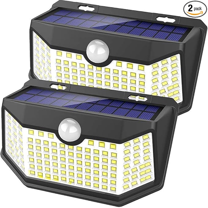 HMCITY Solar Lights Outdoor 120 LED with Lights Reflector and 3 Lighting Modes, Motion Sensor Wall Lights,IP65 Waterproof Solar Powered for Garden Patio Yard (Back Button 2Packs, Daylight White)