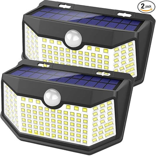 HMCITY Solar Lights Outdoor 120 LED with Lights Reflector and 3 Lighting Modes, Motion Sensor Wall Lights,IP65 Waterproof Solar Powered for Garden Patio Yard (Back Button 2Packs, Daylight White)