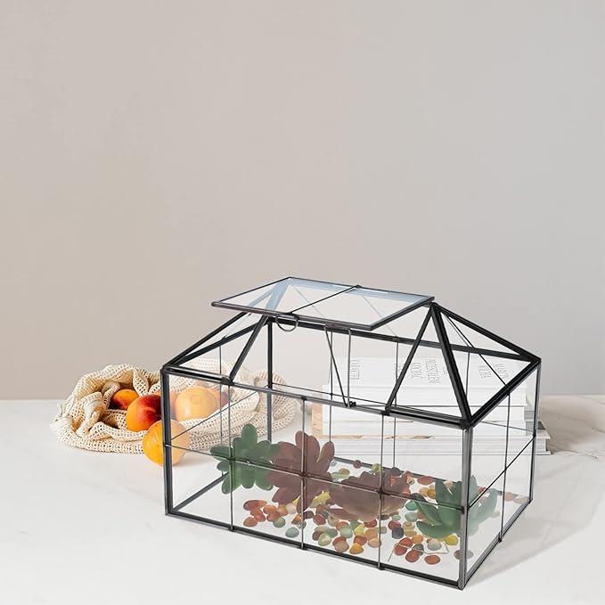 HighFree Geometric Terrarium Planter with Swing Lid, House Shape Black Handmade Glass Box, Vintage Tabletop Miniature Terrarium, for Succulent, Cacti, Air Plants (Not Watertight - 9.2x5.5x7.3 inch)