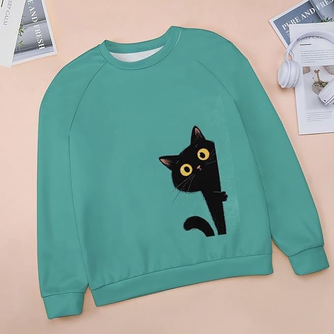 Abstract Cute Cat Shirts for Women Long Sleeve Lady Crewneck Pullover Sweatshirt Fall Winter Oversized Tops
