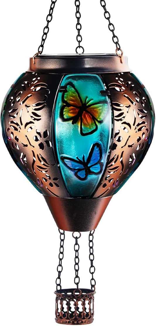 Hot Air Balloon Solar Lantern Outdoor - Flame Hanging Solar Light Waterproof Lanterns for Patio Garden Yard Farmhouse Decor, Great Gift(Butterfly)