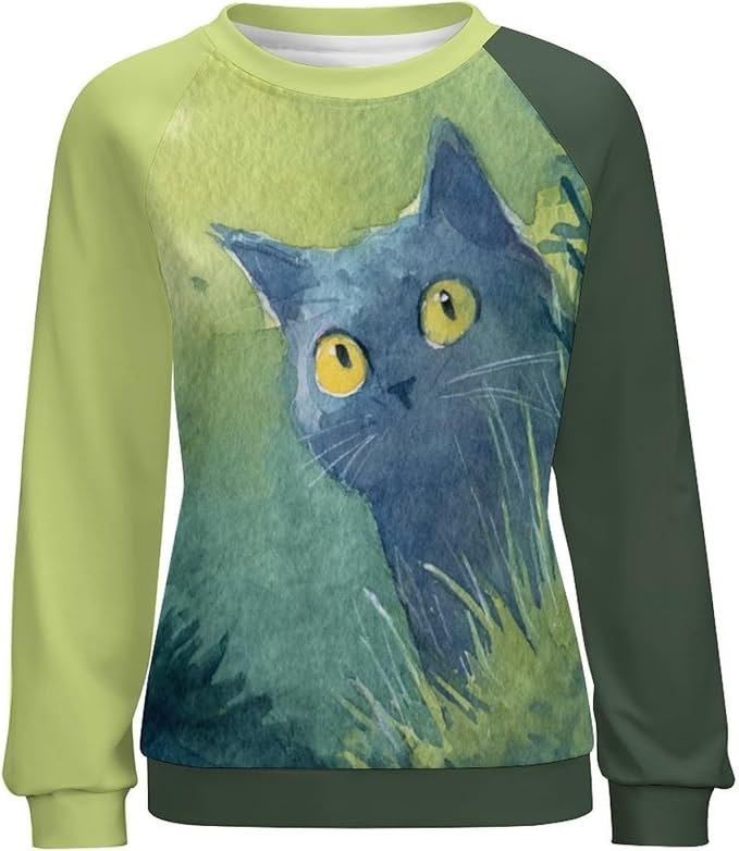 Abstract Cute Cat Shirts for Women Long Sleeve Lady Crewneck Pullover Sweatshirt Fall Winter Oversized Tops
