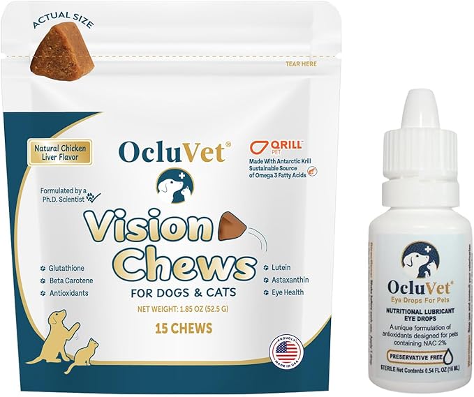 Bundle Eye Supplements for Dogs & Cats | Vision Chews with Omega-3 for All Ages - Includes 15 Chicken Liver Flavored Chews & Pet Eye Drops, 16 mL | Antioxidants & 2% NAC for Cataracts