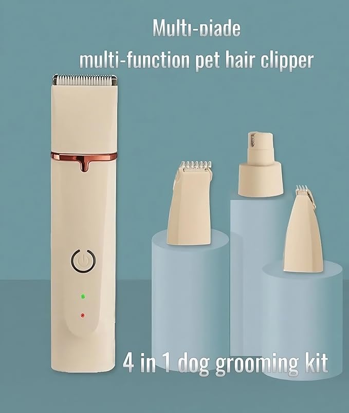 4 in1 Pet Dog Grooming Clippers Cat Nail Clipper&Paw Trimmer Dog Hair Trimmer-Low Noise Rechargeable - Cordless Quiet Pet Grooming Supplies for Dogs Hair Nail Clippers Around Eyes and Ears (Beige)