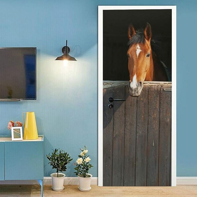 Horse 3D Door Stickers Murals - Peel & Stick - Waterproof & Washable - Matt Finish - Rustic Style - Animal Print - Rectangular - 33.9" x 78.7" - 2 Pieces