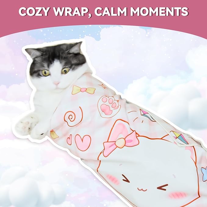 Cat Grooming Wrap for Cutting Nails, 21.6" Anti-Escape Calming Cat Swaddle Wrap for Medicine, Nail Clipping, Teeth Brushing, Ear Cleaning, Self-Adherent Burrito Restraint, (Happy Kitty, M)