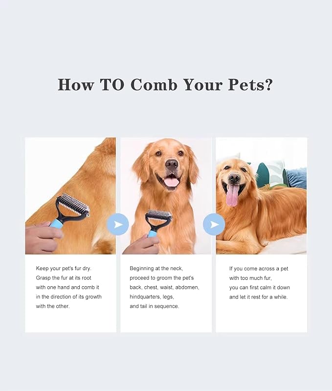 Double Sided Pet Dematting Comb - Effortless Detangling and Deshedding Tool for Dogs Cats, Tangle-Free Grooming with Blue Handle
