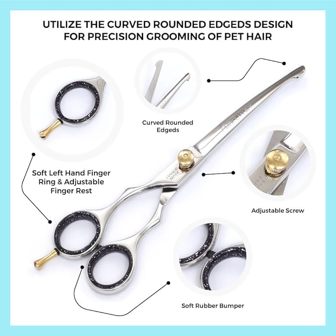 Left-Handed Pet Grooming Scissors Set Pro-Grade Curved Shears for Dogs Cats - Precision Crafted Sharp Blades Comfort Grip - Ideal for Cutting Curving Thinning (LH Round Tip Curved)