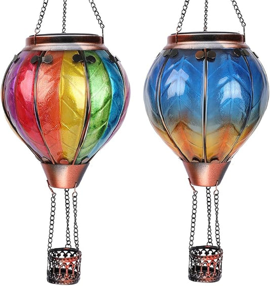 Hot Air Balloon Solar Lantern with Flickering Flame Hanging Solar Lanterns Outdoor Lights Waterproof Lanterns Decorative Garden Patio Yard Party Decor Wavy-Colorful + Blue