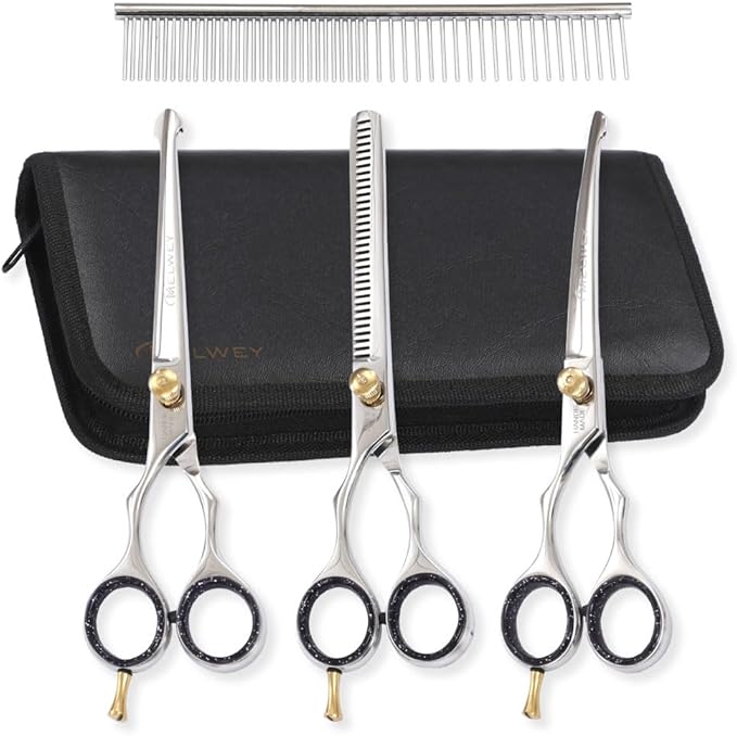 Left-Handed Pet dog Grooming Scissors Set Pro-Grade Curved Shears for Dogs Cats - Precision Crafted Sharp Blades Comfort Grip - Ideal for Cutting Curving Thinning (LH Round Tip Kit)