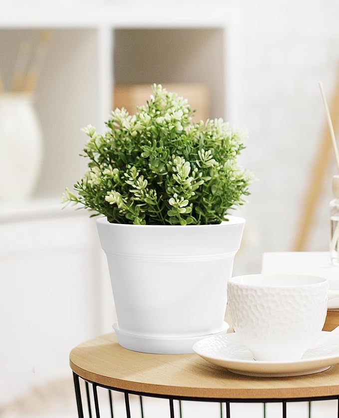 Homenote Pots for Plants, 15 Pack 6 Inch Plastic Planters with Multiple Drainage Holes and Trays,Plant Pots for All Home Garden Flowers Succulents (White)
