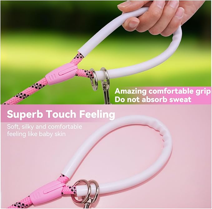 Nylon Dog Leash 6FT 10FT 20FT 30FT Diameter 2/5 Inch with Comfortable Silicone Handle Highly Reflective No Tangle for Medium Large Dogs Outside Walking Camping Backyard. (Pink, 10FT)