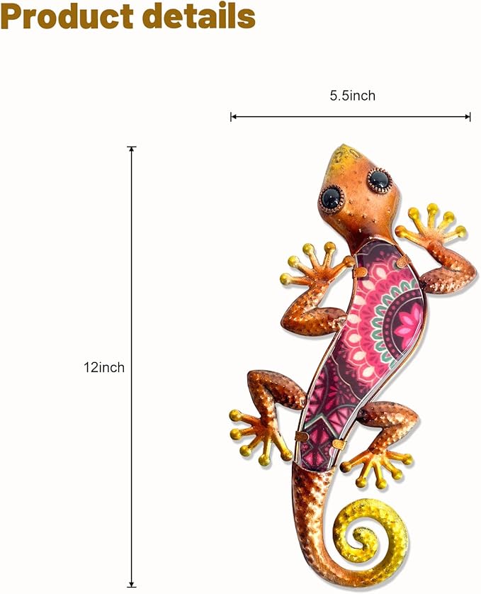 HONGLAND Metal Outdoor Wall Decor 2Pcs Gecko Wall Decoration Lizard Metal Hanging Wall Art Glass Sculpture for Garden Yard Patio Fence (Red)…