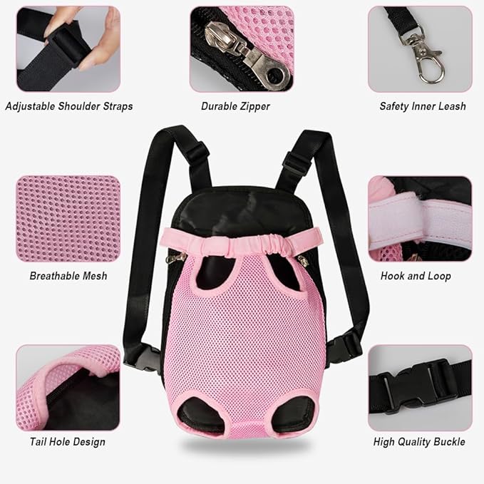 FEimaX Dog Carrier Backpack Pet Legs Out Front Cat Travel Bag, Adjustable Puppy Backpacks Carriers Hands-Free for Small Medium Dogs Cats Hiking Traveling Camping Daily Walking (X-Large, Pink)