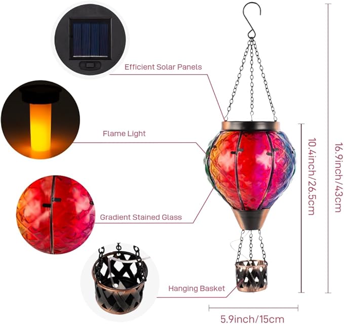 Hot Air Balloon Solar Lantern with Flame Flickering Light LED Glass Hanging Solar Lanterns Outdoor Waterproof Garden Light for Patio Tree Porch Yard Decor Mother’s Day Gift for Women Mom