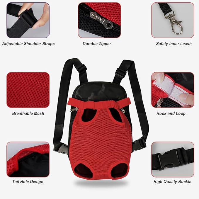 FEimaX Dog Carrier Backpack Pet Legs Out Front Cat Travel Bag, Adjustable Puppy Backpacks Carriers Hands-Free for Small Medium Dogs Cats Hiking Traveling Camping Daily Walking (X-Large, Red)