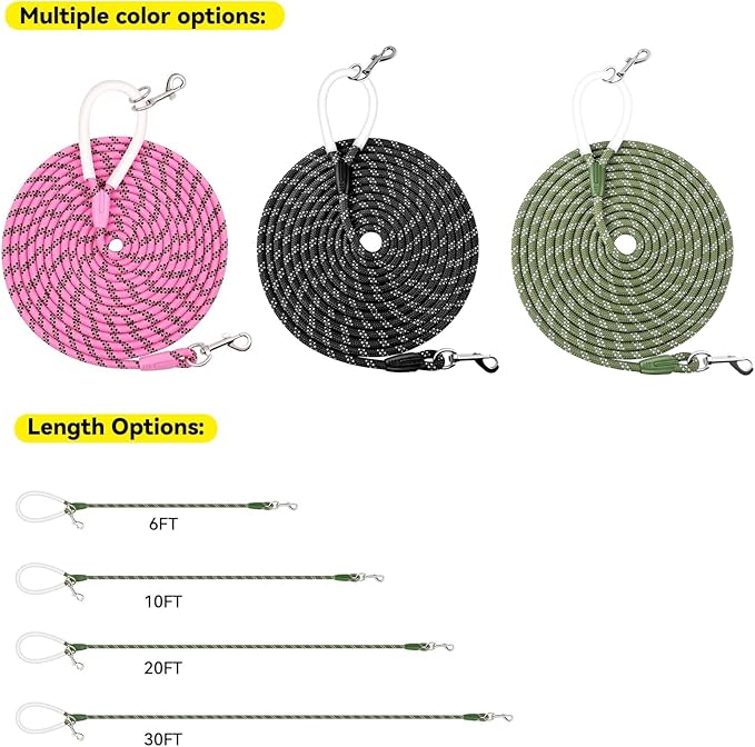 Nylon Dog Leash 6FT 10FT 20FT 30FT Diameter 2/5 Inch with Comfortable Silicone Handle Highly Reflective No Tangle for Medium Large Dogs Outside Walking Camping Backyard. (Pink, 30FT)