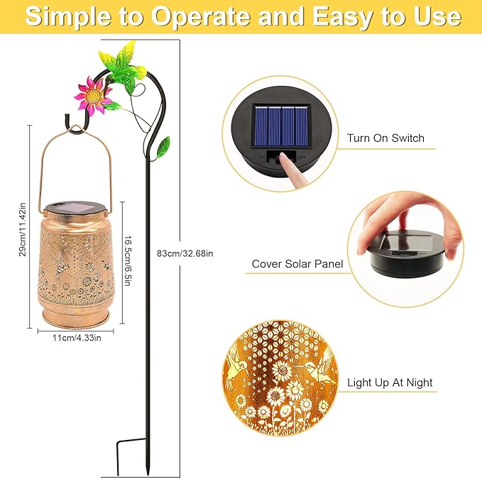 Hummingbird Solar Lanterns Outdoor Garden Decor, Birthday Gifts for Women Mom Grandma Hanging Metal Solar Lights Waterproof Decoration LED Lantern with Shepherd Hook for Outside Garden Yard Patio Lawn