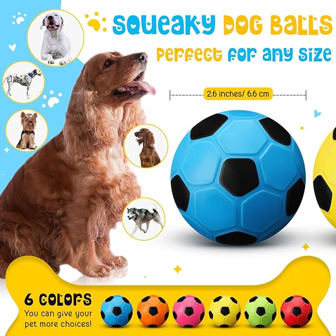 Vinsot 6 Pack 2.6'' Squeak Latex Dog Toy Ball Soft Durable Chew Puppy Soccer Toy Rubber Fetch Interactive Dog Ball for Small Medium Pets Training Supply