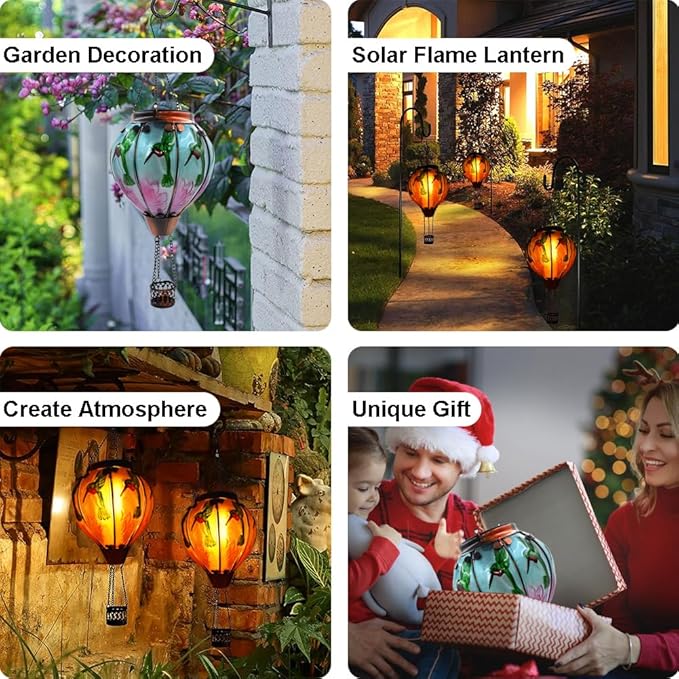 Hot Air Balloon Solar Lantern with Flickering Flame Hanging Solar Lanterns Outdoor Lights Waterproof Lanterns Decorative Garden Patio Yard Party Decor Hummingbirds&Pink Flowers