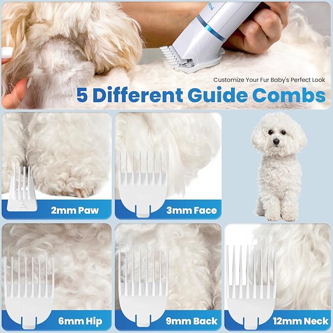 3-in-1 Dog & Cat Grooming Kit - Rechargeable Cordless Pet Hair Clippers with Nail Grinder & Paw Trimmer & 5 Guide Combs, Low Noise Dog Clippers for Grooming Small Medium Pets
