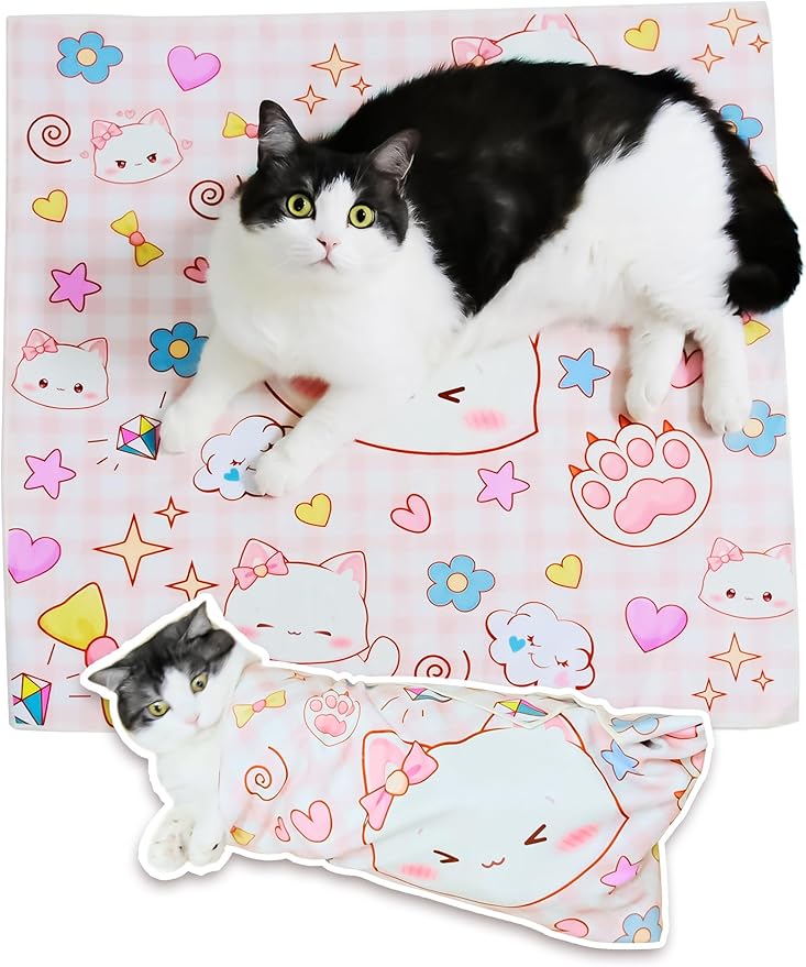 Cat Grooming Wrap for Cutting Nails, 27.6" Anti-Escape Calming Cat Swaddle Wrap for Medicine, Nail Clipping, Teeth Brushing, Ear Cleaning, Self-Adherent Burrito Restraint, (Happy Kitty, L)