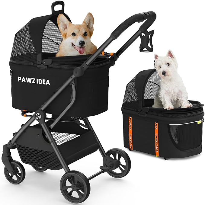 PAWZIDEA Pet Stroller 4 in 1, Cat Strollers with Detachable Carrier No-Zip Canopy, Portable Dog Crate for Car Seat Travel, Foldable & Lightweight Jogger for Small/Medium Dogs and Cats, Storage Basket