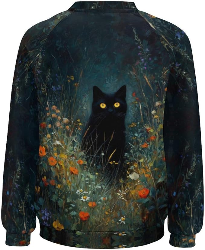 Abstract Cute Cat Shirts for Women Long Sleeve Lady Crewneck Pullover Sweatshirt Fall Winter Oversized Tops