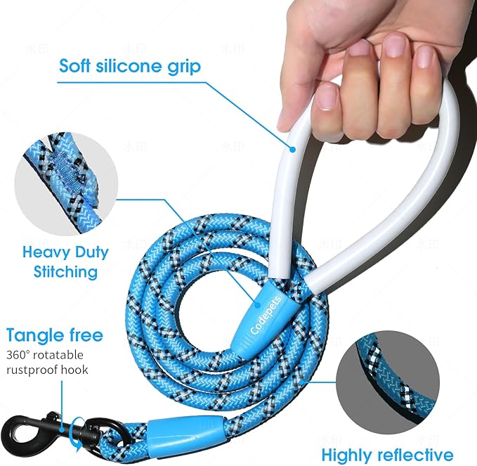 Detachable 2/5" Slip Lead, 4FT 6FT 8FT with Comfortable Silicone Handle Strong Rope Leash for Large Medium Small Dogs No Pull Highly Reflective Pet Training Leash (Blue-Black, 6FT)