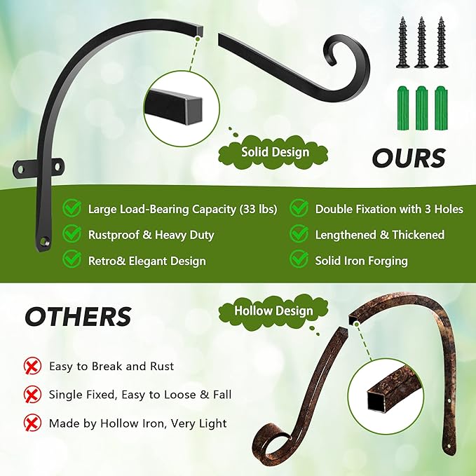 HOOPLE Plant Hangers Outdoor Heavy Duty 2 Pack, Extra Long 12 Inch Cast Iron Hanging Plant Bracket, Metal Black Plant Brackets Hook for Hanging Flower Baskets, Hanging Bracket, Elegant Design